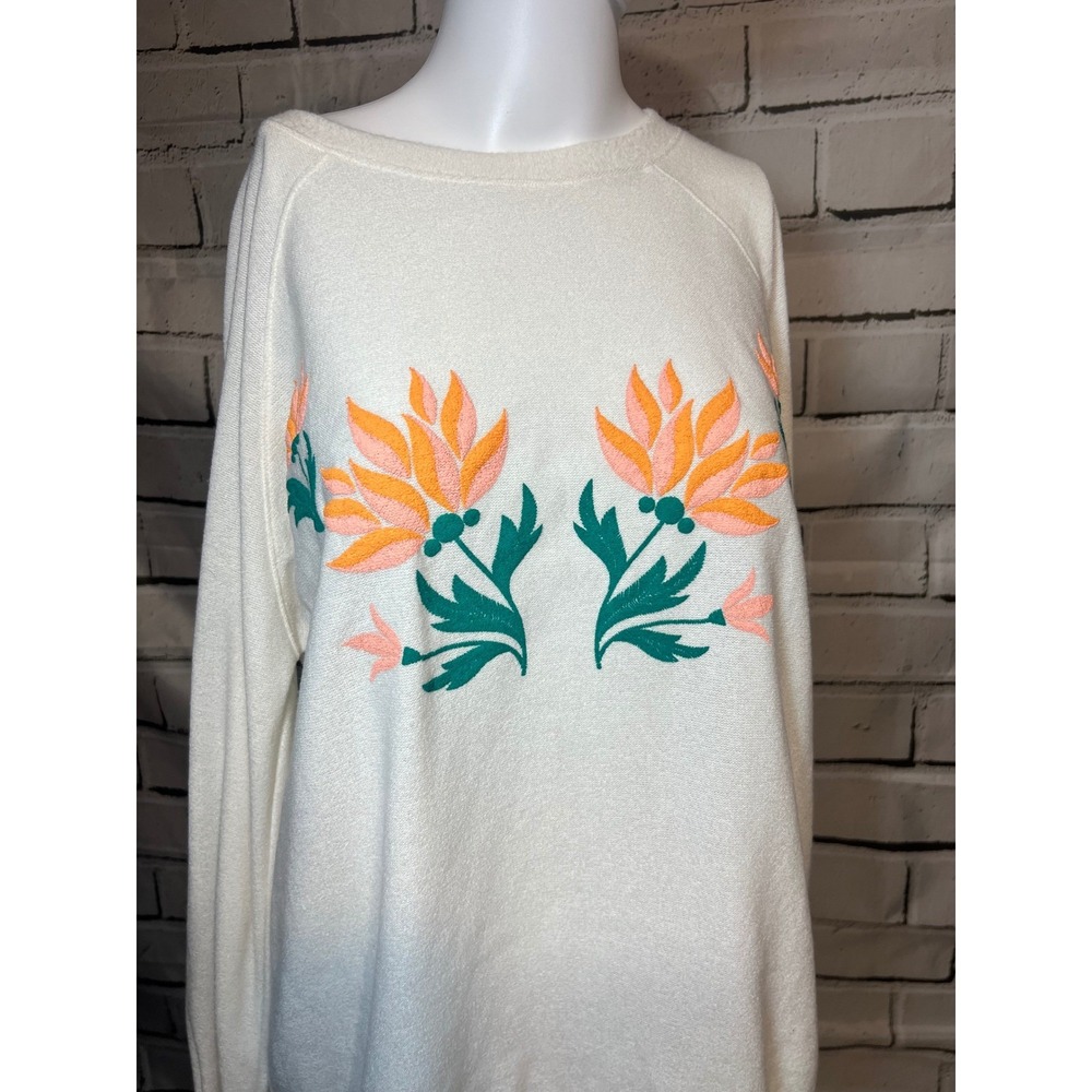 Cherish Womens Large Cream Floral Embroidered Raglan Sleeve Sweatshirt Top